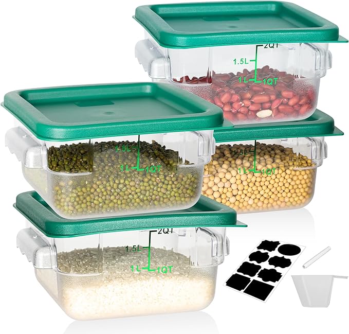 BIEAMA 4 Pack Food Storage Containers, 2 Quart with Lids, Square Commercial Containers with Scale, NSF, Polycarbonate, Clear