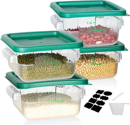 BIEAMA 4 Pack Food Storage Containers, 2 Quart with Lids, Square Commercial Containers with Scale, NSF, Polycarbonate, Clear