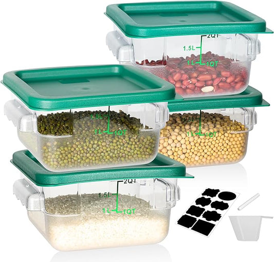 BIEAMA 4 Pack Food Storage Containers, 2 Quart with Lids, Square Commercial Containers with Scale, NSF, Polycarbonate, Clear