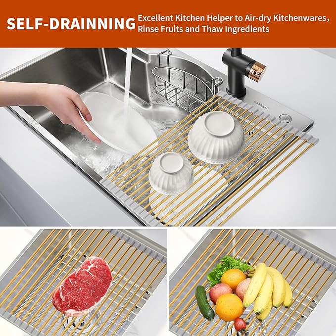 HAYAWEY Golden Roll-UP Dish Drying Rack-Large Stainless Steel Dish Drainer Over The Sink for Kitchen Countertop, Applicable for Sink Width Less Than 16.5in (Gold,17.8'x 15.7')