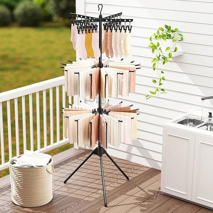 Tangkula 3-Tier Portable and Foldable Drying Rack, 70"H Freestanding Towel Rack with 32 Rods, 24 Clips, Detachable Top Hanger, 360° Rotatable Tripod Laundry Stand for Indoor, Poolside, RV Trip (Black)