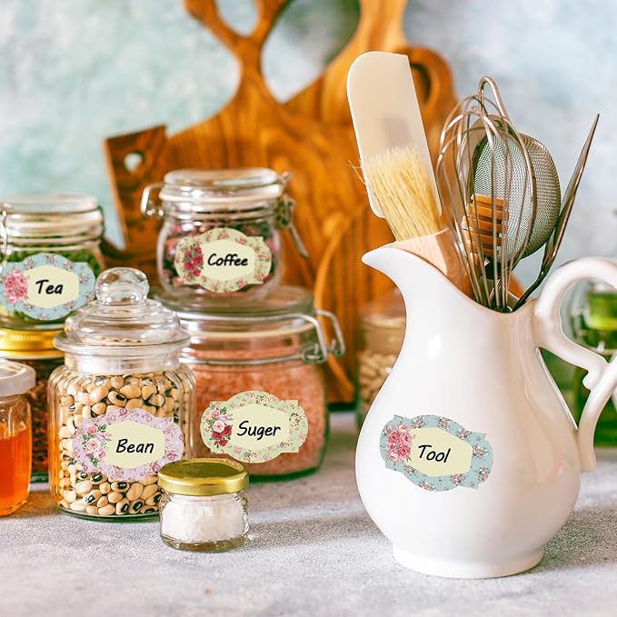Whaline 250Pcs Vintage Floral Jar Label Stickers Roll Retro Flower Canning Labels Blank Paper Sticker Tags for Family Kitchen Sauce Candy Bottle, 3 x 2 Inch