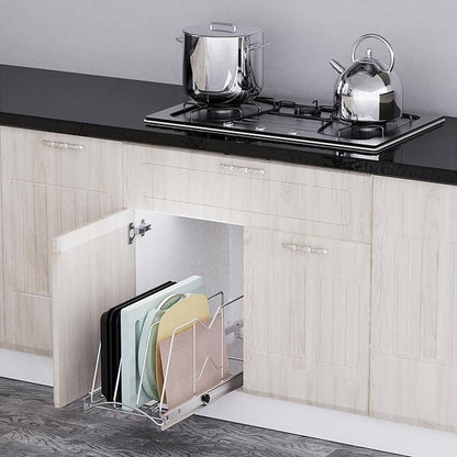 STORKING Pull Out Cookie Sheet Organizer for Cabinet, Pan and Pot Rack, Cutting Board Organizer Rack, Baking Tray Organizer for Cabinet, Adjustable Divider Width, 11" W x 22" D x 11.8" H, Chrome