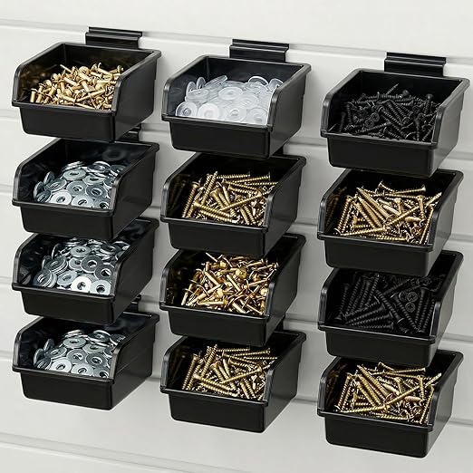 12 Pack Slatwall Bins, Slatwall Accessories Plastic Wall Mounted Storage Bins with Hooks Wall Storage Bin for Slat Walls Organizing Hardware, Garage, Craft Room, Tool Shed, Hobby Supplies