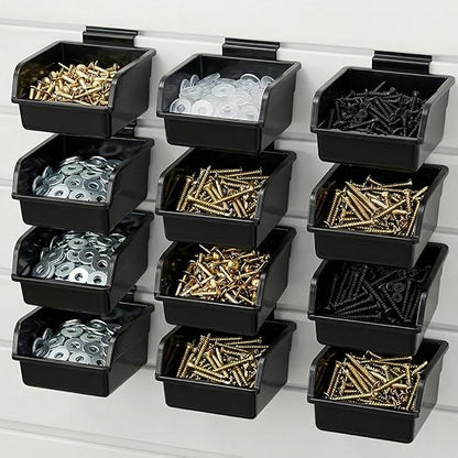 12 Pack Slatwall Bins, Slatwall Accessories Plastic Wall Mounted Storage Bins with Hooks Wall Storage Bin for Slat Walls Organizing Hardware, Garage, Craft Room, Tool Shed, Hobby Supplies