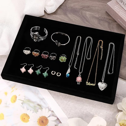 Mornajina 13.8" x 9.5" Velvet Jewelry Tray Jewelry Display Tray, Stackable Empty Plate Trays for Earrings Necklaces Bracelet Rings Display Showcase - Black