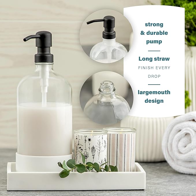 32 oz Glass Pump Bottles - Rustproof Stainless Steel Pump, Silicone Sleeves - Modern Farmhouse Vintage Design for Shampoo, Hand Soap, Lotion - Matte Black Pumps