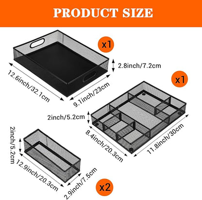 4 Pack Desk Drawer Organizer Tray Set - Black Metal Mesh Desk Drawer Organizers and Accessories with Adjustable Dividers for Office Supplies Storage