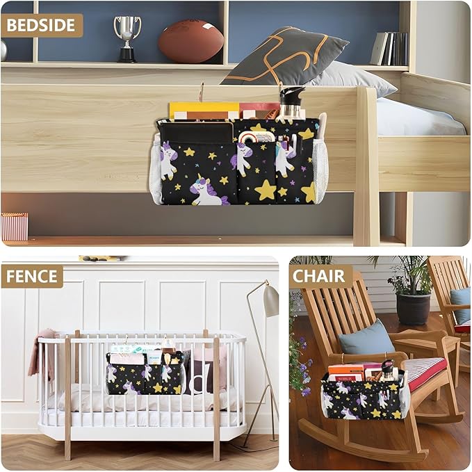 CuwrYet Bedside Caddy Hanging Bunk Bed Caddy Bed Organizer Hanging Pocket with 2 Hooks Bedside Storage Organizer Pocket Bag Holder Cute Unicorns Hearts Black