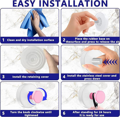 Suction Cup Hooks for Shower,Removable No Drill Towel Hooks,Upgraded 15 lbs Strong Suction hooks for Bathroom Tile,Shower Wall,Glass Door,Kitchen-Loofah,Coat,Stainless Waterproof-White Pink 2 Pcs