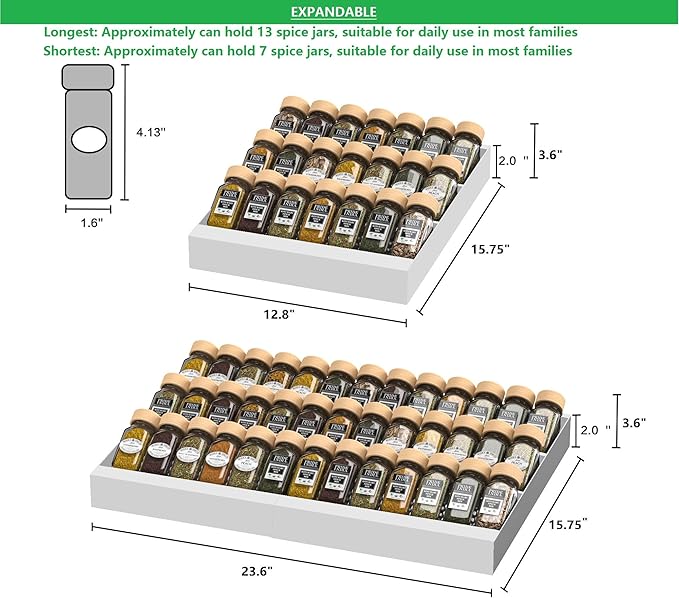 Wobmmi Expandable Metal Spice Drawer Organizer,3-Tier,Slanted Seasoning Jars Tray for Kitchen Cabinet Drawers Insert/Countertop (Jars not included)-3Tier,1pack/White