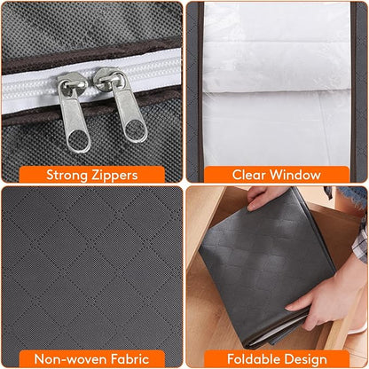 Lifewit 3 Pack Clothes Storage Bins with Lids, Foldable Blanket Storage Bags with Zippers, Clear Window and Reinforced Handles, Closet and Organization for Clothing, Sweater, Comforter, Bedding, Gray