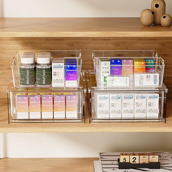 Greenby Refrigerator Organizer Bins with Pull-out Drawer 6 Pack Stackable Clear Fridge Drawer Organizer Fruit Vegetable Storage Containers for Kitchen Pantry Organization (2 Large+4 Medium)