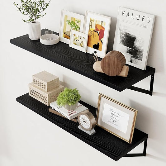 Axeman Floating Shelves for Wall Black- 36 Inch Wide x 12 Inch Deep Wall Shelves Set of 2 - Black Deep Wood Floating Shelves for Living Room Bedroom Laundry Room
