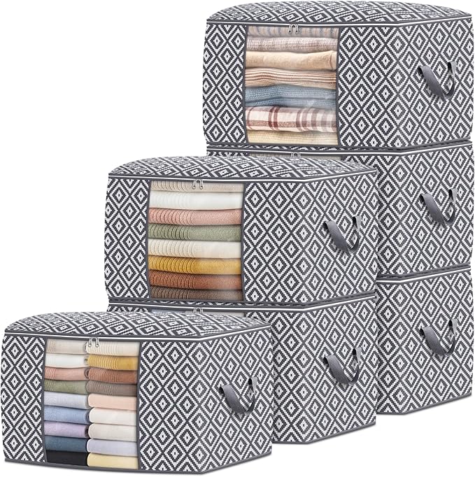 StorageTastic Direct 100L, 6 Pack, Storage Containers, Large Clothes Storage Bins Foldable Organization and Storage Bags with Reinforced Handle, Clear Window for Bedding, Blankets, Clothing, Grey