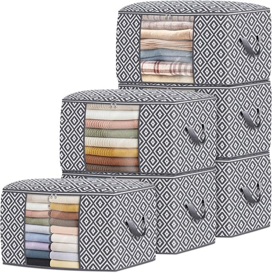 StorageTastic Direct 100L, 6 Pack, Storage Containers, Large Clothes Storage Bins Foldable Organization and Storage Bags with Reinforced Handle, Clear Window for Bedding, Blankets, Clothing, Grey