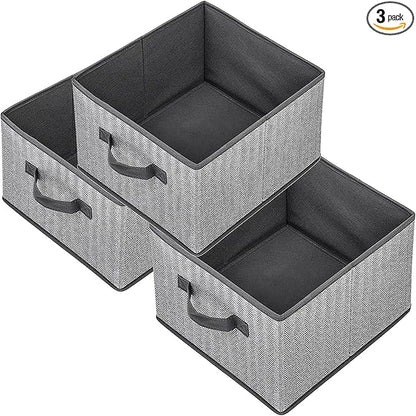 Storage Baskets, 11-Inch Woven Fabric Bins, Storage Cubes with Reinforced Handles, Organizer Bins for Closet Shelves, Foldable, for Toys, Clothes, Natural Beige (3PCS/Grey-11*11*7.8inch)