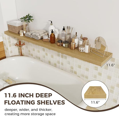 Fun Memories Deep Floating Shelves, 72 x 12 Inch Long Wall Shelves, Large Display Shelf & Storage Shelf, Wood Floating Wall Shelves for Fireplace Mantel, Living Room, Home Office - Set of 2