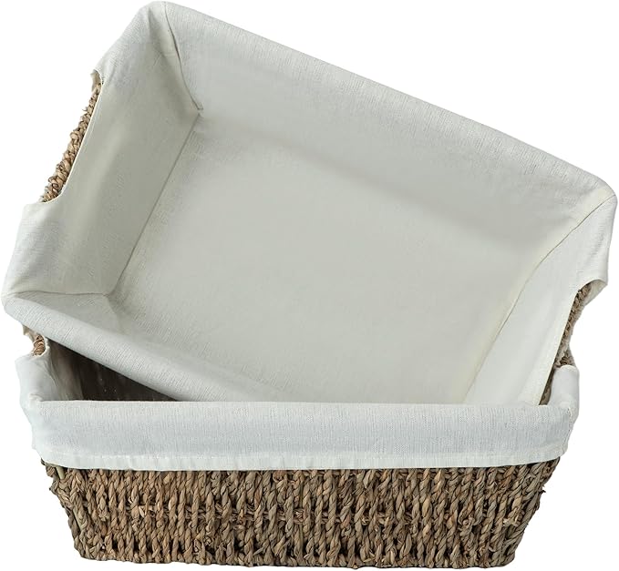 JS HANGER Wicker Storage Basket with Washable Liners, Metal Frame, Set of 2, 12.6"L x 8.7"W x 4.3"H, Seagrass Woven Basket for Pantry, Toilet, Bathroom, Bedroom, Patio, Natrual