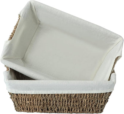 JS HANGER Wicker Storage Basket with Washable Liners, Metal Frame, Set of 2, 12.6"L x 8.7"W x 4.3"H, Seagrass Woven Basket for Pantry, Toilet, Bathroom, Bedroom, Patio, Natrual