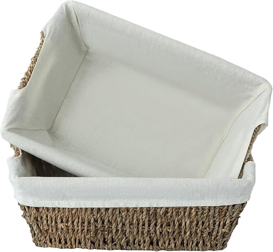 JS HANGER Wicker Storage Basket with Washable Liners, Metal Frame, Set of 2, 12.6"L x 8.7"W x 4.3"H, Seagrass Woven Basket for Pantry, Toilet, Bathroom, Bedroom, Patio, Natrual