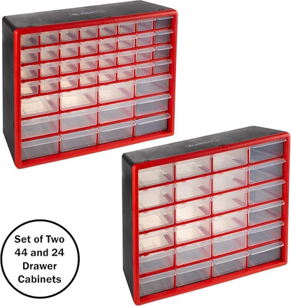 Set of Two Storage Bins with Drawers – Pair of 44 and 24 Drawer Desktop or Wall Mount Plastic Tool Organizers for Hardware or Crafts by Stalwart (Red)