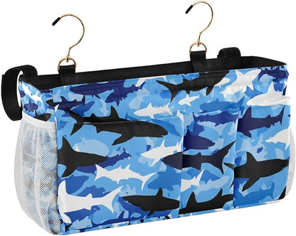 CuwrYet Bedside Caddy Hanging Bunk Bed Caddy Bed Organizer Hanging Pocket with 2 Hooks Bedside Storage Organizer Pocket Bag Holder Marine Bright Sky Blue Shark