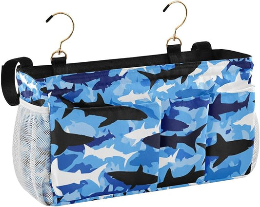CuwrYet Bedside Caddy Hanging Bunk Bed Caddy Bed Organizer Hanging Pocket with 2 Hooks Bedside Storage Organizer Pocket Bag Holder Marine Bright Sky Blue Shark