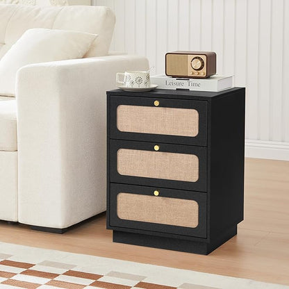 AVZEAR Mid Century Night Stand with 3 Drawers, Farmhouse End Table with Storage & Curved Linen Panel, Modern Nightstands Bedside Table Small Side Table for Small Space,Bedroom(Black)