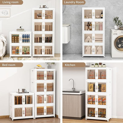 Vavkorkula Large Stackable Storage Bins with Lids, 440QT-110QT*4Tier Foldable Cabinet for Closet Organizers, Plastic Storage Containers Box with Wheels