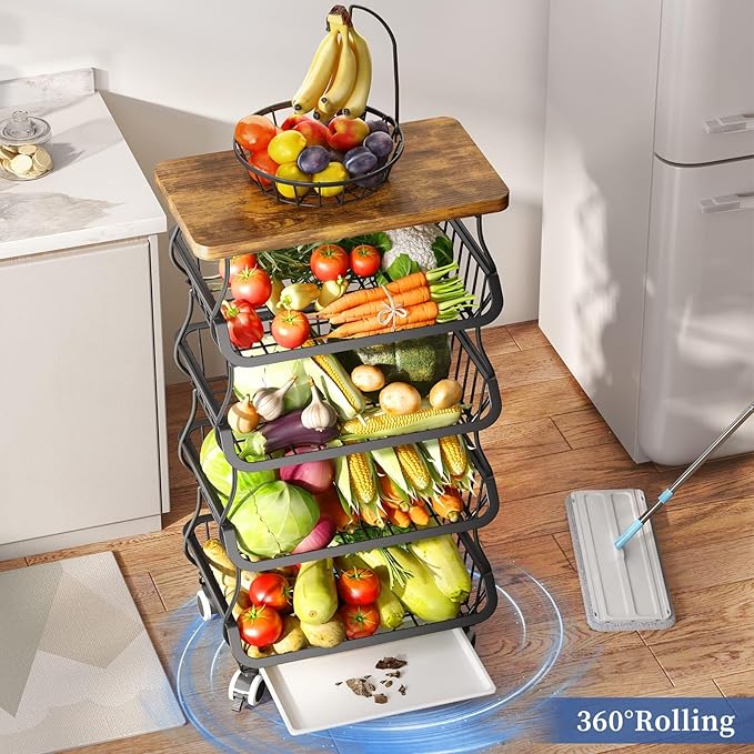 SAYZH Fruit Basket Kitchen Pantry Organizers and Storage - Wooden Top Table, Stackable Metal Wire Basket Stand Cart for Fruit Vegetable Snacks Onion Potato Organization, Black