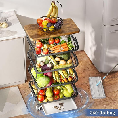 SAYZH Fruit Basket Kitchen Pantry Organizers and Storage - Wooden Top Table, Stackable Metal Wire Basket Stand Cart for Fruit Vegetable Snacks Onion Potato Organization, Black