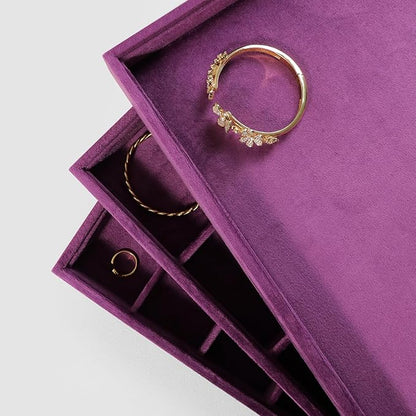 Velvet Stackable Jewelry Display Flat Tray For Ring Earring Necklace Bracelet, Bangle Pendant Storage Blank Plate, Shop Countertop Jewelry Dish Organizer (Purple)