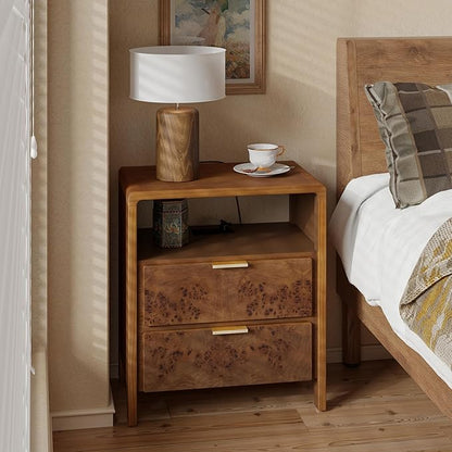 COZAYH Farmhouse Nightstand with Charging Station, Wood Side Table with Power Outlet and USB & Type C Ports, Burl Finish Bedside Table for Bedroom, Fully Assembled, Rustic, Brown