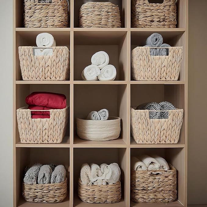 Casafield Set of 4 Water Hyacinth Storage Baskets with Handles - Whitewash White, Woven Storage Bins for Shelves, Blankets, Laundry Organization