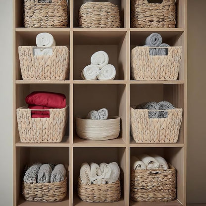Casafield Set of 4 Water Hyacinth Storage Baskets with Handles - Whitewash White, Woven Storage Bins for Shelves, Blankets, Laundry Organization