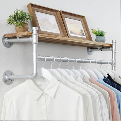 WEBI Wall Mounted Clothes Rack with Shelf,32" Industrial Pipe Clothing Rack with Shelf with Hanging Rod,Heavy Duty Iron Garment Rack Bar,Retail Display Clothes Rod for Laundry Room,Closet,Silver