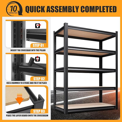 AOARGG 78" H Garage Shelving Heavy Duty Storage Shelves, Metal Adjustable Shelving Unit, Utility Garage Organizer Shelf for Basement, Pantry, Kitchen, Warehouse, 45.6" W x 19.7" D x 78" H, Black