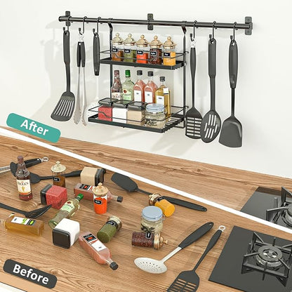 NADAMOO Kitchen Utensil Hanger and Spice Rack with Towel Rack Holder，Wall Mount Space Saving Metal Storage Organizer for Pantry, Countertop, Bathroom