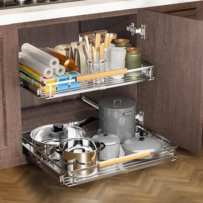 taiheis 1 Pack Expandable Pull Out Cabinet Organizer，Side Mounting 23.2~39.99"x22.5"Cabinet Pull Out Shelves, Expandable Slide Out Spice Rack for Kitchen Bathroom Office