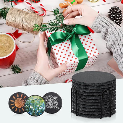 8 PCS Round Slate Drink Coasters Set, SIJDIEE 4 Inch Laser Engraving Black Slate Stone Coasters with Anti-Scratch Bottom and Coaster Holder for Office Bar Kitchen Home Dinner Table Decor Supplies
