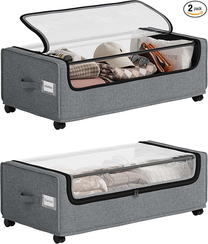 VicHomey Under Bed Storage With Wheels, Tall Under The Bed Storage, Underbed Storage Containers With Lids, Metal Frame, 90L Capacity, Large Size
