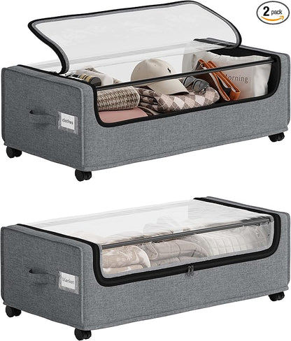 VicHomey Under Bed Storage With Wheels, Tall Under The Bed Storage, Underbed Storage Containers With Lids, Metal Frame, 90L Capacity, Large Size