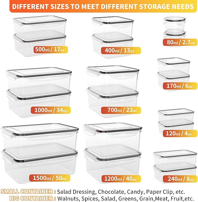 GEIKR 40 PCS Plastic Food Storage Containers with Lids Airtight, BPA-Free Leakproof Meal Prep Containers Reusable,Microwave & Dishwasher & Freezer Safe,Includes Labels & Pen