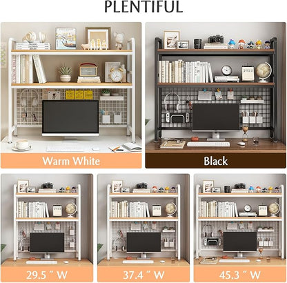 IOTXY 2-Tier Desktop Hutch Bookshelf - Metal Desk Shelf Bookcase with Grid Panel, Countertop Storage Organizer Rack for Dorm or Office, White, 37.4" W