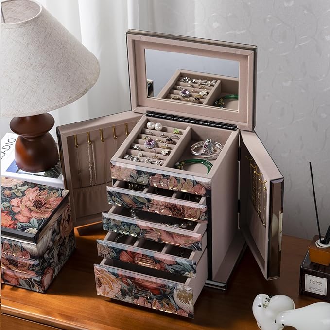 Homruilink High End Glass Jewelry Box - 5 Layer Jewelry Organizer with 2-Sided Doors and Mirror - Velvet-Lined Organizer For Ring, Necklace, Earring, Bracelet Storage - Christmas Gifts For Women
