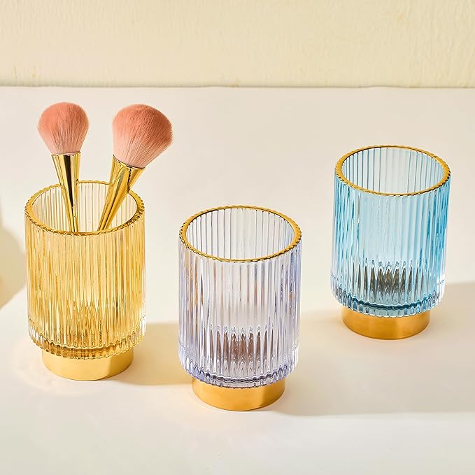 LEICURACE Makeup Brush Holder Organizer,Toothbrush Holders,Desk Pen Pencil Holder,Multifunctional Vintage Glass Brush Cup（L/Gold/A3-7-US）