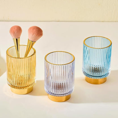 LEICURACE Makeup Brush Holder Organizer,Toothbrush Holders,Desk Pen Pencil Holder,Multifunctional Vintage Glass Brush Cup（L/Gold/A3-7-US）