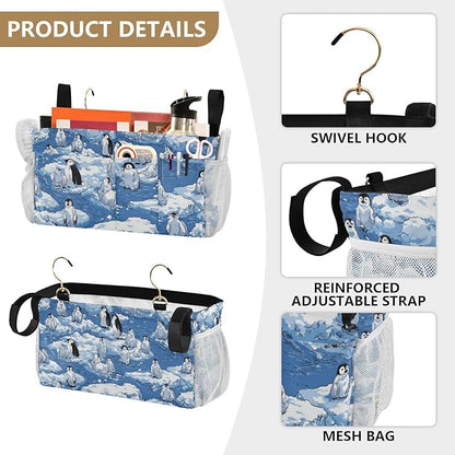 CuwrYet Bedside Caddy Hanging Bunk Bed Caddy Bed Organizer Hanging Pocket with 2 Hooks Bedside Storage Organizer Pocket Bag Holder Blue Penguins Ice Floes Snow Water