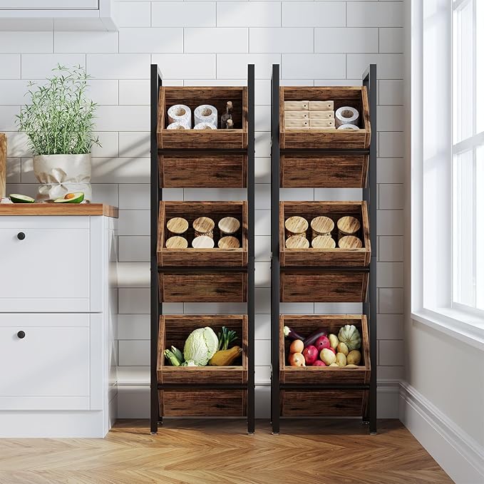 LITTLE TREE 3-Tier Basket Stand, Wooden Floor Stand Shelving Unit, Rustic Standing Organizer Storage Rack for Kitchen, Bathroom, Living Room